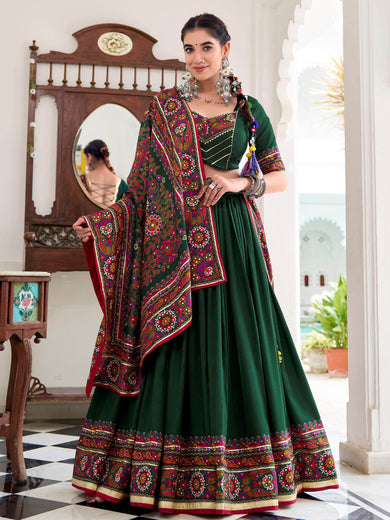Stunning Green Tussar Silk Printed Lehenga Choli With Dupatta