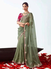 Beautiful Green Organza Border Work Traditional Saree With Blouse
