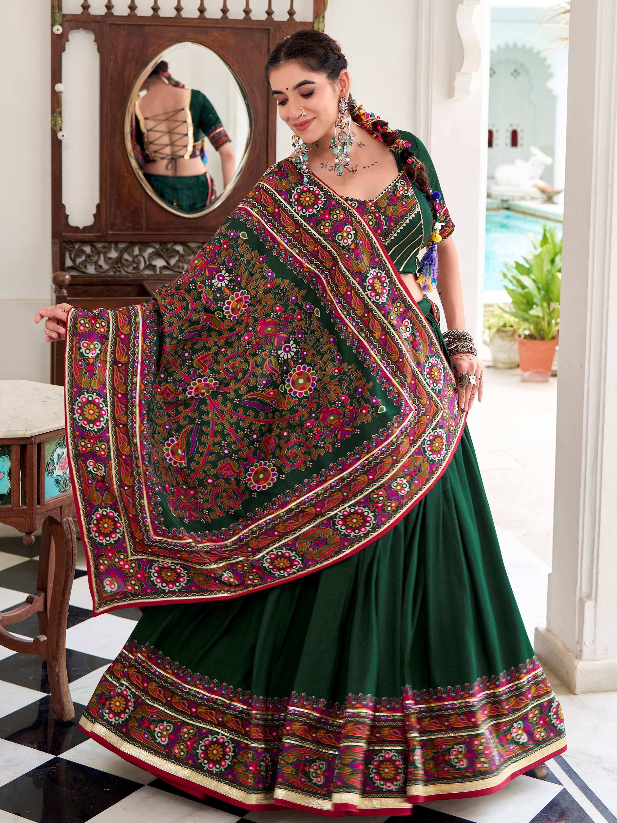 Green printed lehenga choli with floral embroidery, perfect for Indian ethnic wear and festive occasions.