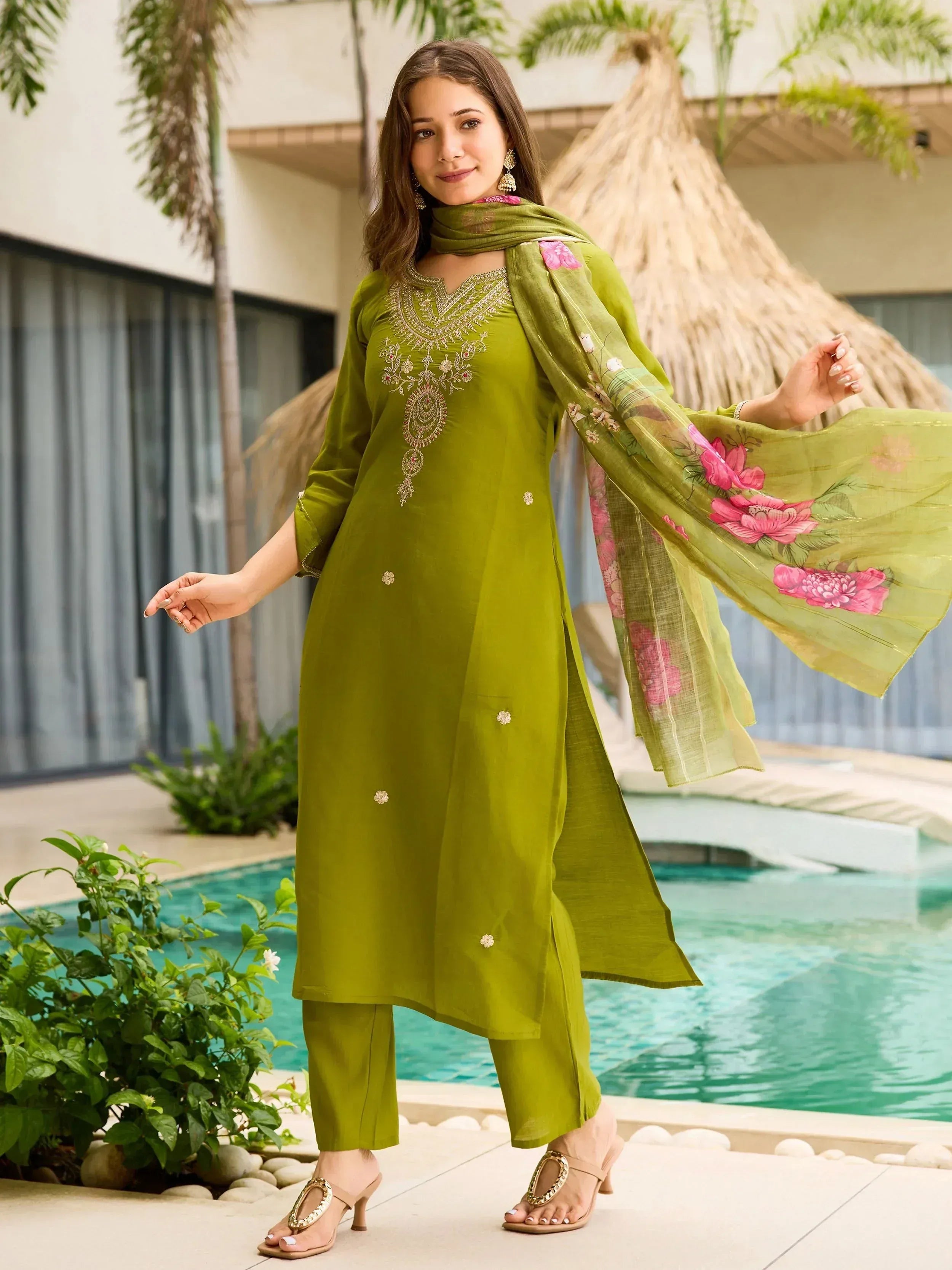Olive green embroidered salwar kameez with floral dupatta, perfect for ethnic wear occasions