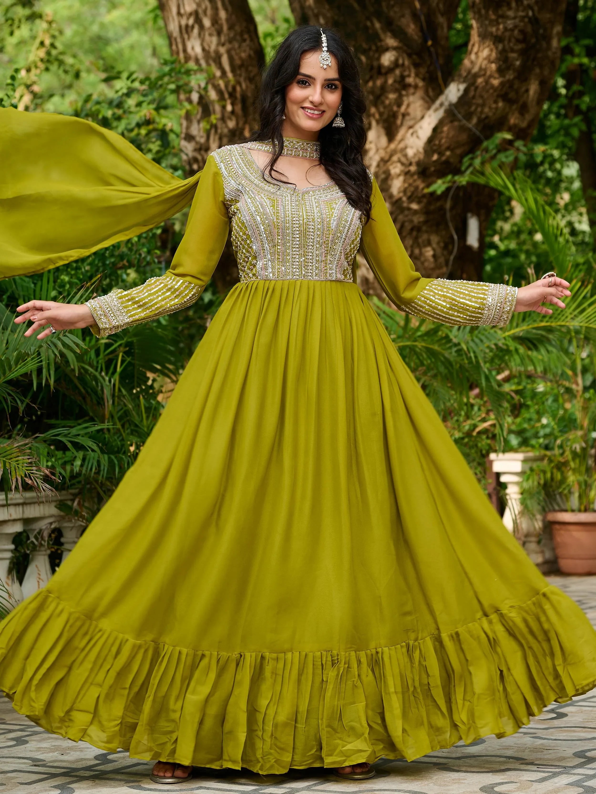 Amazing Parrot Green Georgette Beads Work Gown With Dupatta
