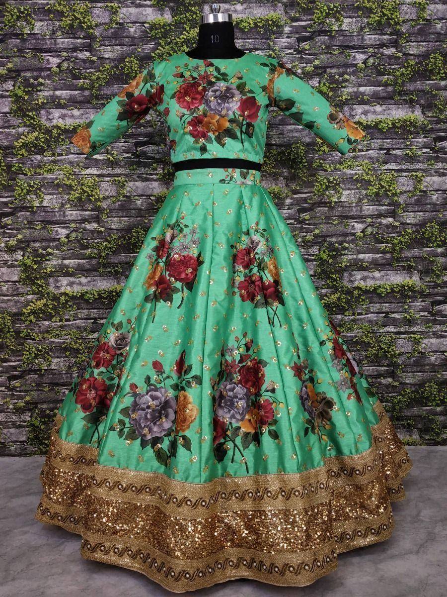 Green floral print lehenga choli with gold sequin border, perfect for Indian ethnic occasions