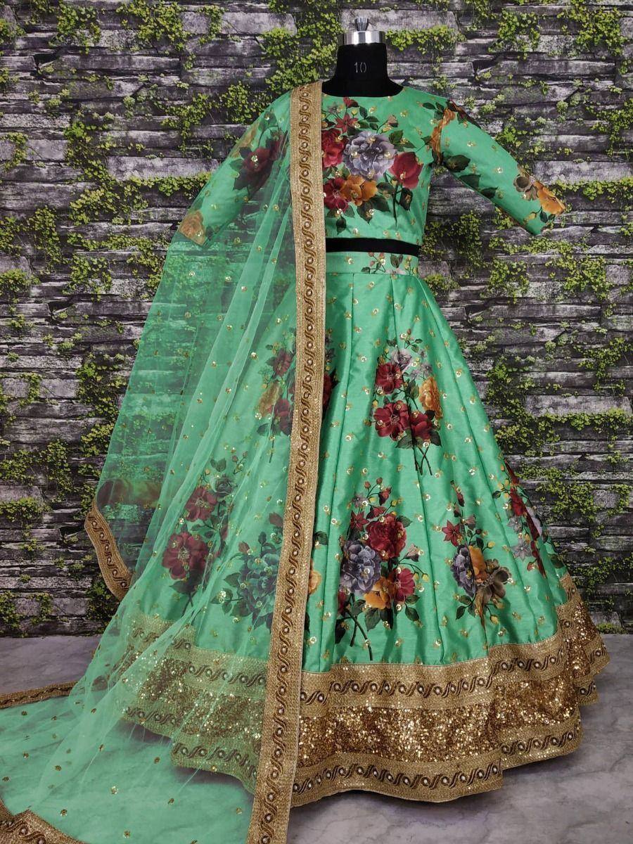 Green floral print lehenga choli with gold embroidery and dupatta, Indian ethnic wear