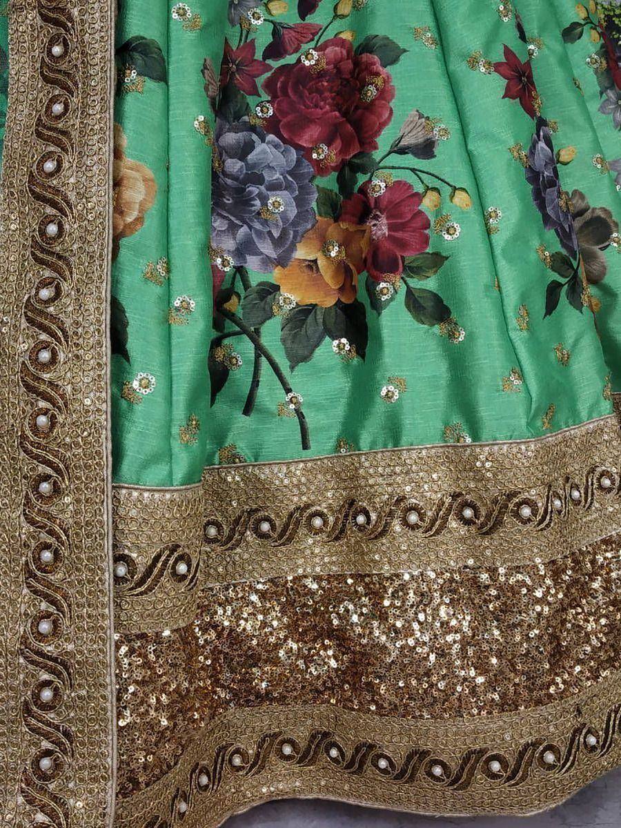 Green floral lehenga with gold sequin border and pearl embroidery, Indian ethnic wear