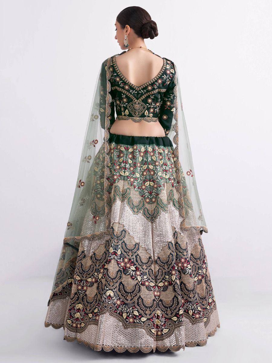 Back view of designer lehenga choli with intricate embroidery and sheer dupatta, perfect for Indian ethnic wear
