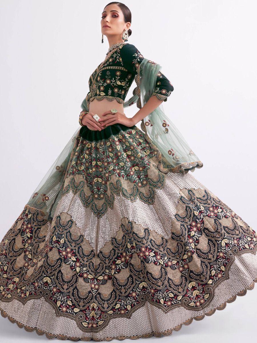 Designer lehenga choli with intricate floral embroidery, perfect for Indian weddings and festive occasions.