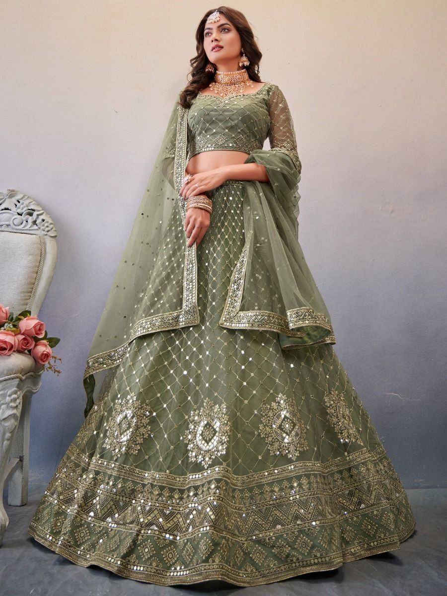 Olive green designer lehenga choli with gold embroidery and mirror work, perfect for Indian weddings and festive occasions.