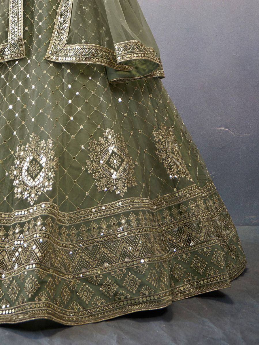 Olive green designer lehenga with gold embroidery and mirror work, ethnic Indian wear