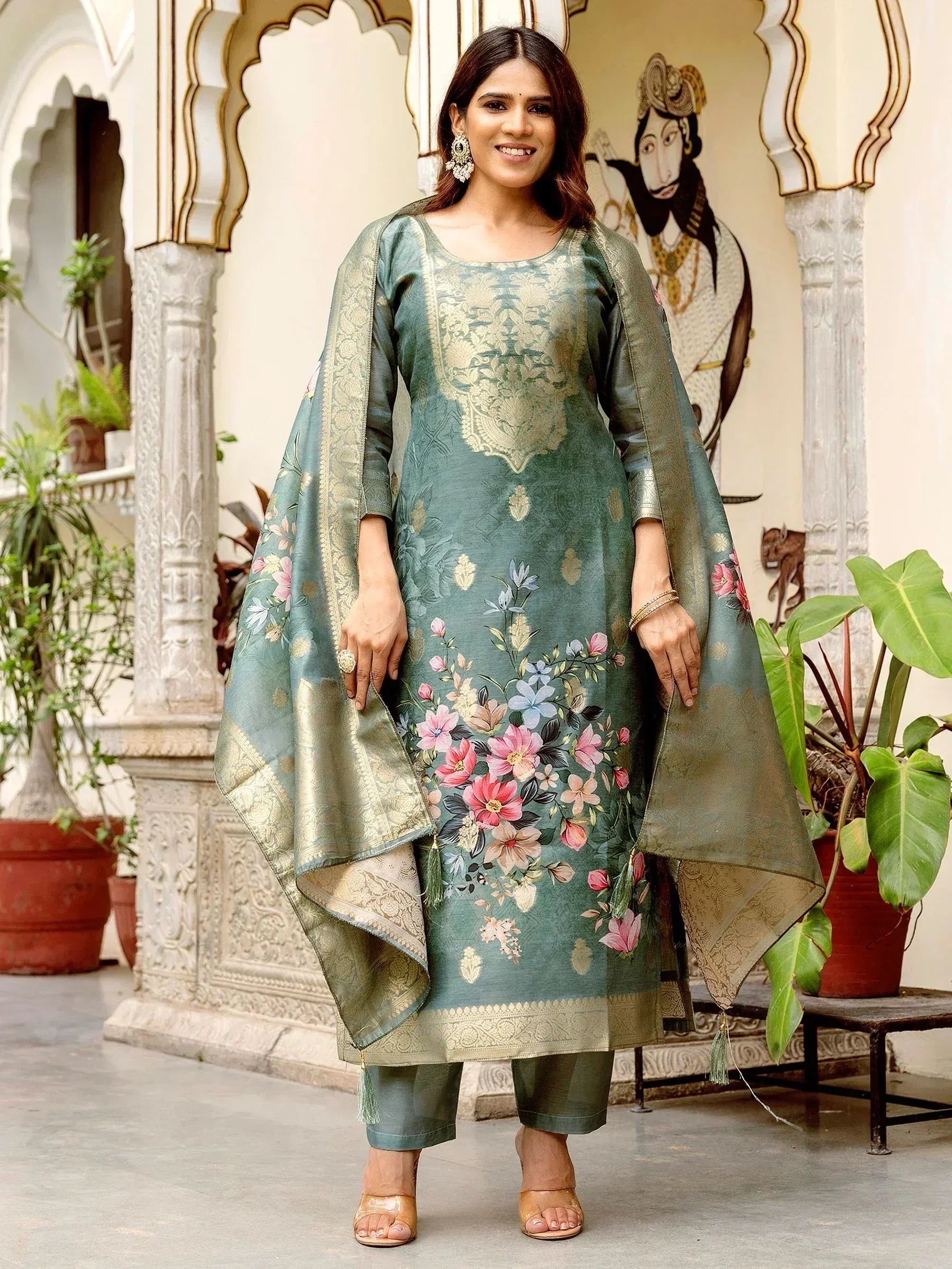 Green floral printed salwar kameez with gold embroidery and matching dupatta, Indian ethnic wear