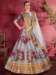 Grey Floral Printed Banglori Silk Bridal Lehenga Choli With Dupatta