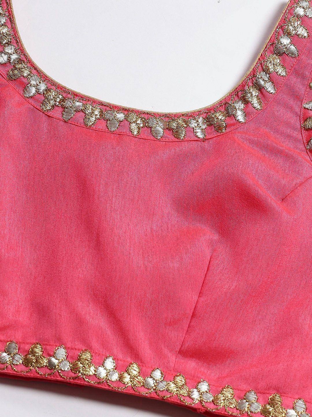 Pink ethnic blouse with gold and silver floral embroidery on neckline and hem