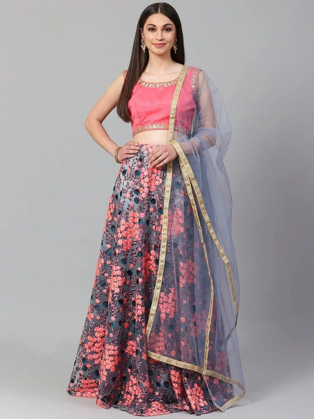 Pink and grey floral lehenga choli with gold trim and sheer dupatta, Indian ethnic wear