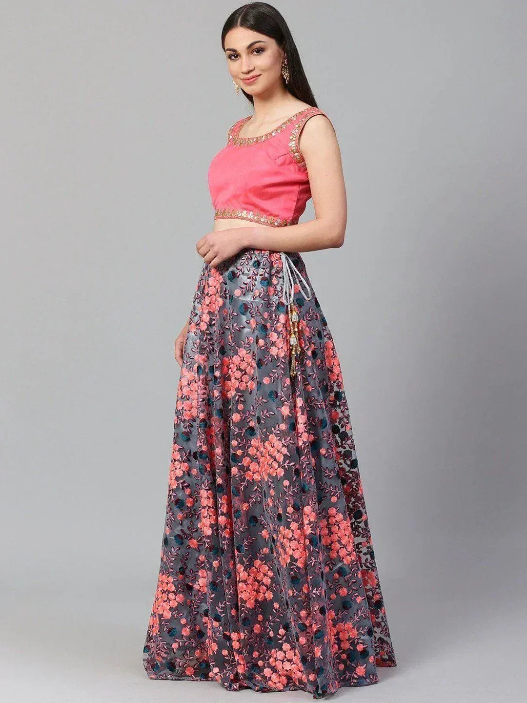 Pink embroidered crop top with floral grey lehenga, Indian ethnic wear for women