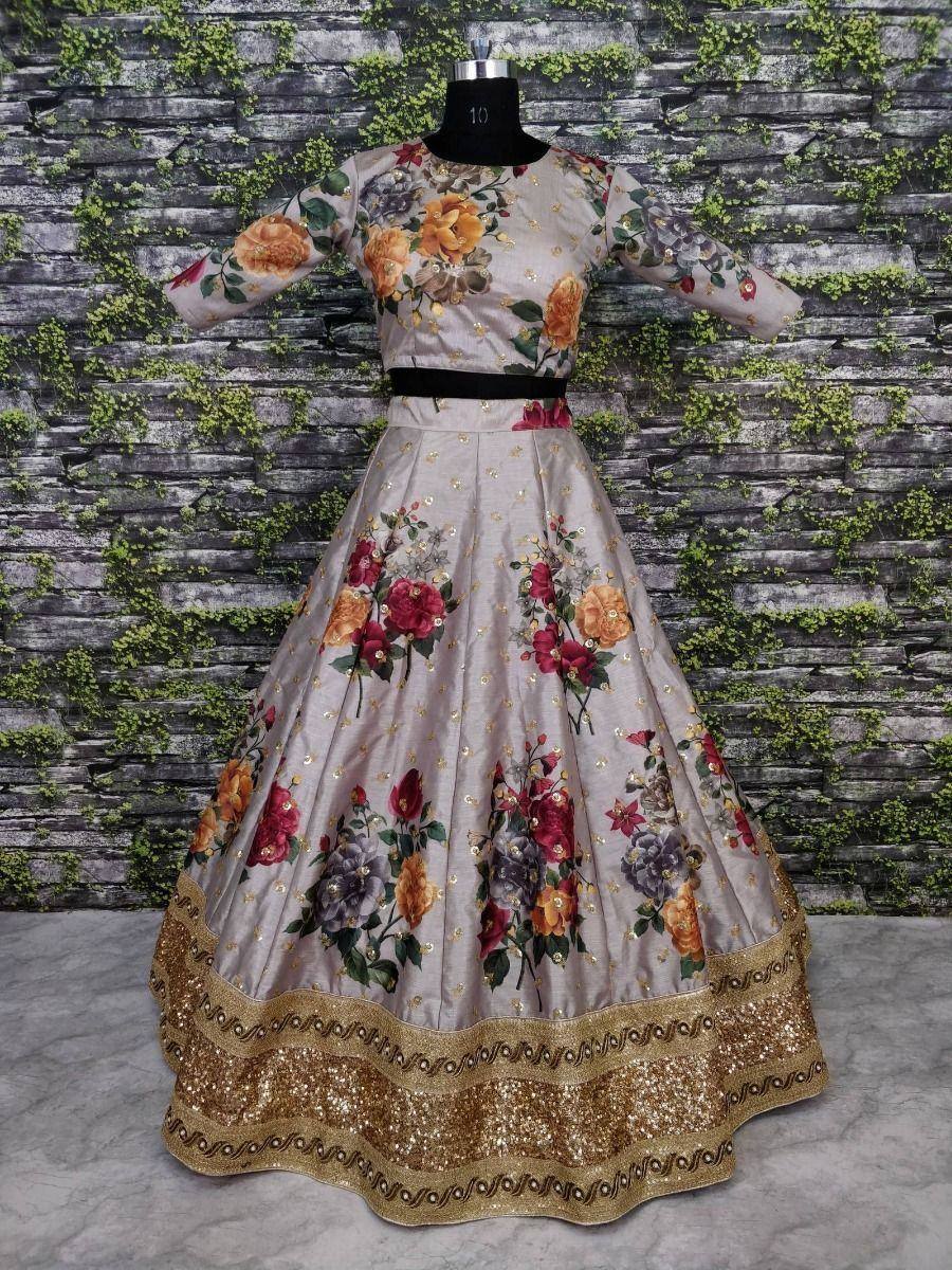 Floral print ethnic gown with gold sequin border, perfect for Indian occasions