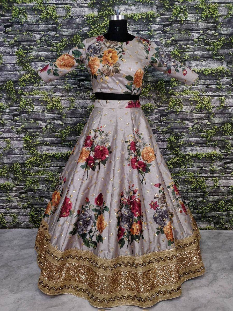 Floral print ethnic gown with gold border, perfect for Indian occasions and parties