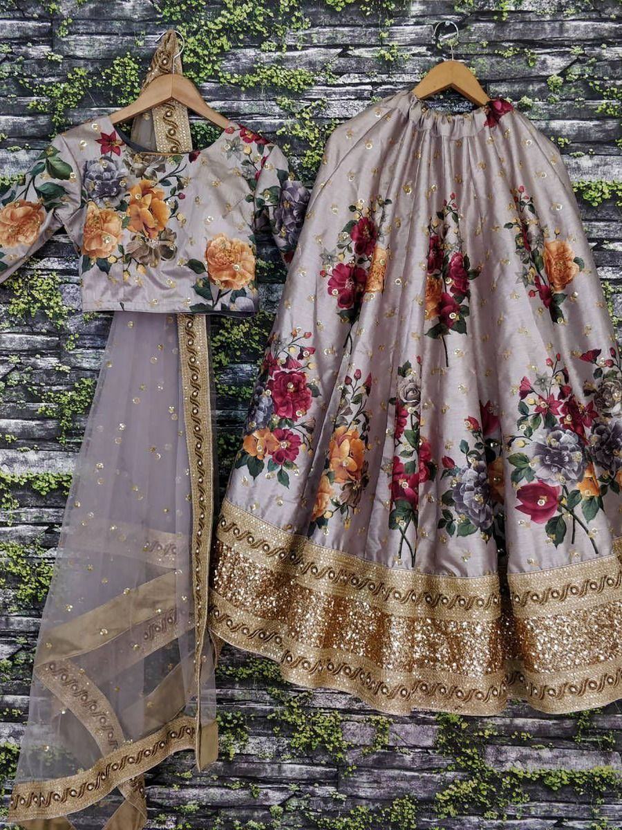 Sabyasachi Gray Floral Digital Printed Art Silk Bridal Lehenga Choli