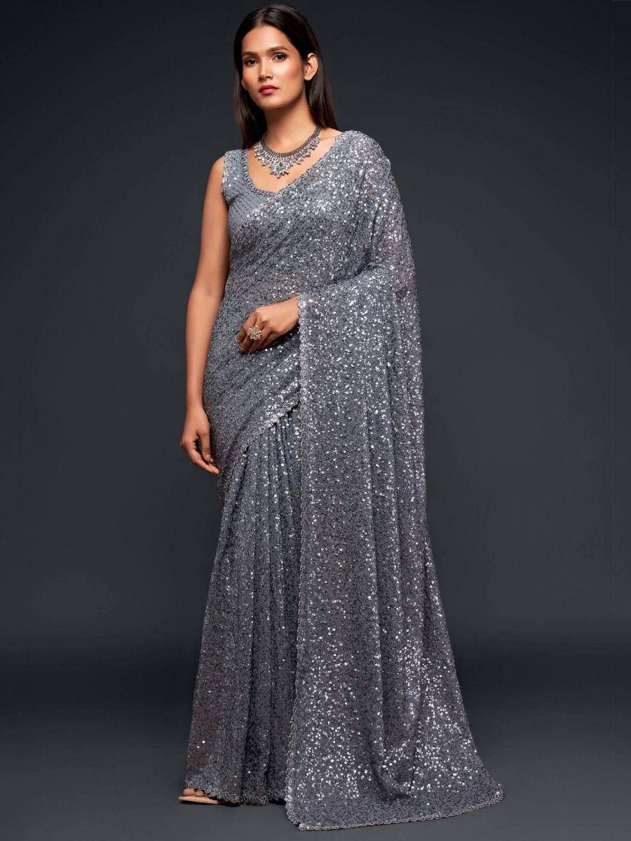 Sabyasachi Grey Color Sequins Work Party Wear Designer Saree