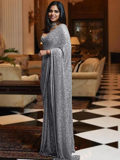 Sabyasachi Gray Color Sequins Work Party Wear Designer Saree