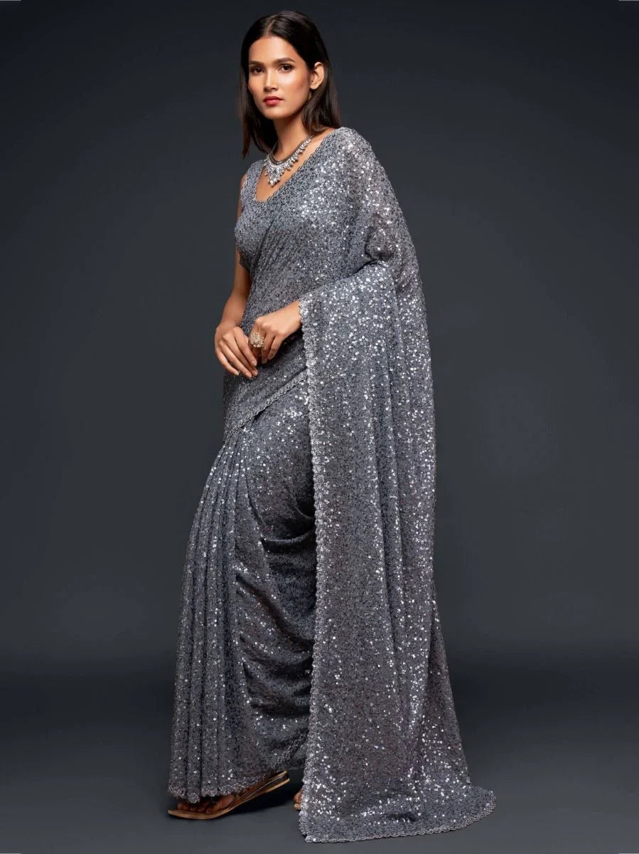 Sabyasachi Gray Color Sequins Work Party Wear Designer Saree