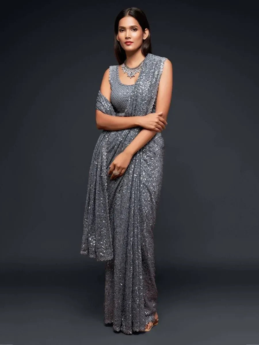 Sabyasachi Grey Color Sequins Work Party Wear Designer Saree