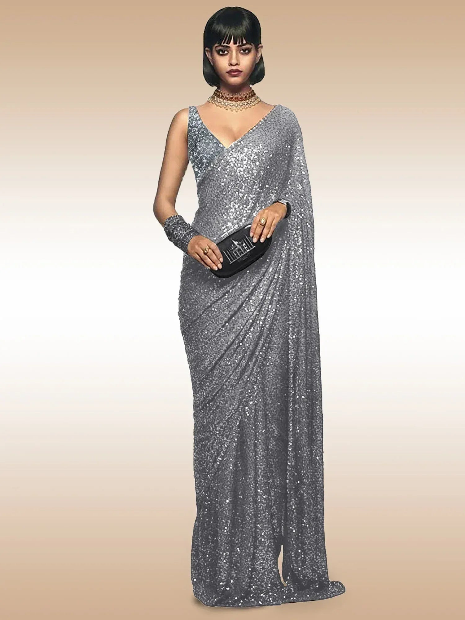 Sparkling silver sequin saree with V-neck blouse, perfect for Indian ethnic events and parties