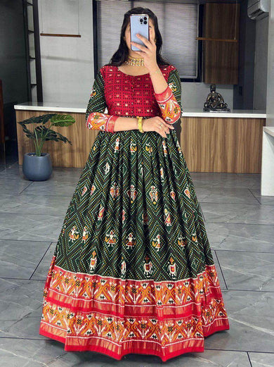 Marvelous Red & Green Bandhani Printed Silk Function Wear Gown