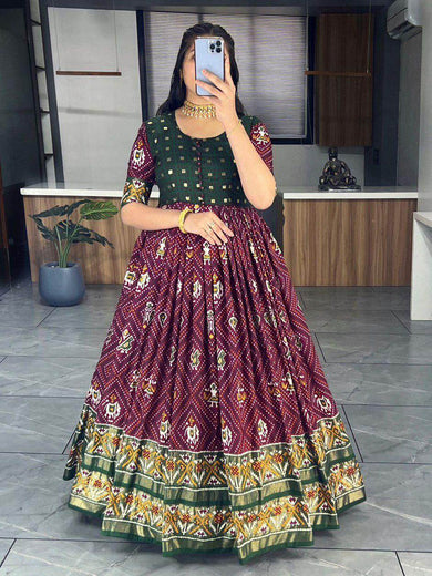 Fantastic Wine & Green Bandhani Printed Silk Event Wear Gown