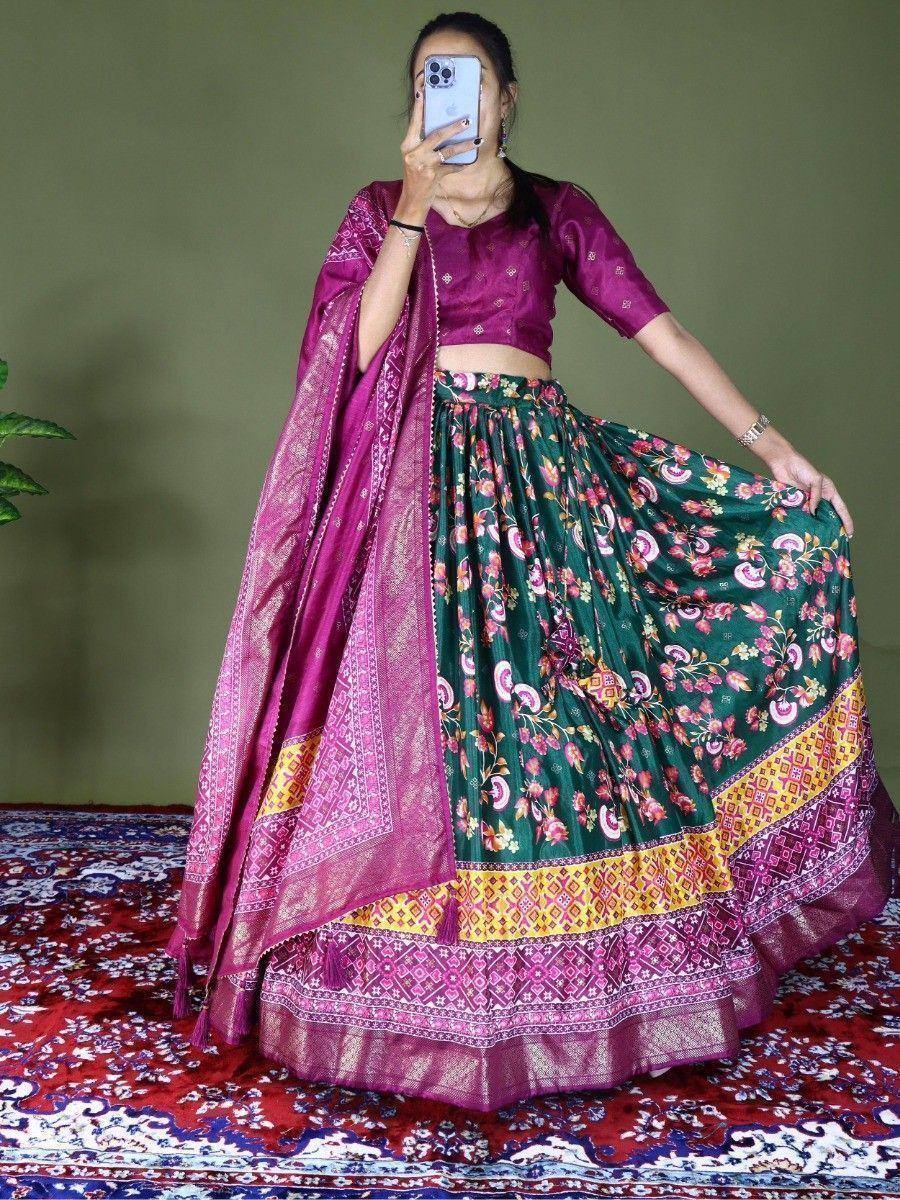 Green floral lehenga with purple blouse and dupatta, ethnic Indian wear for women