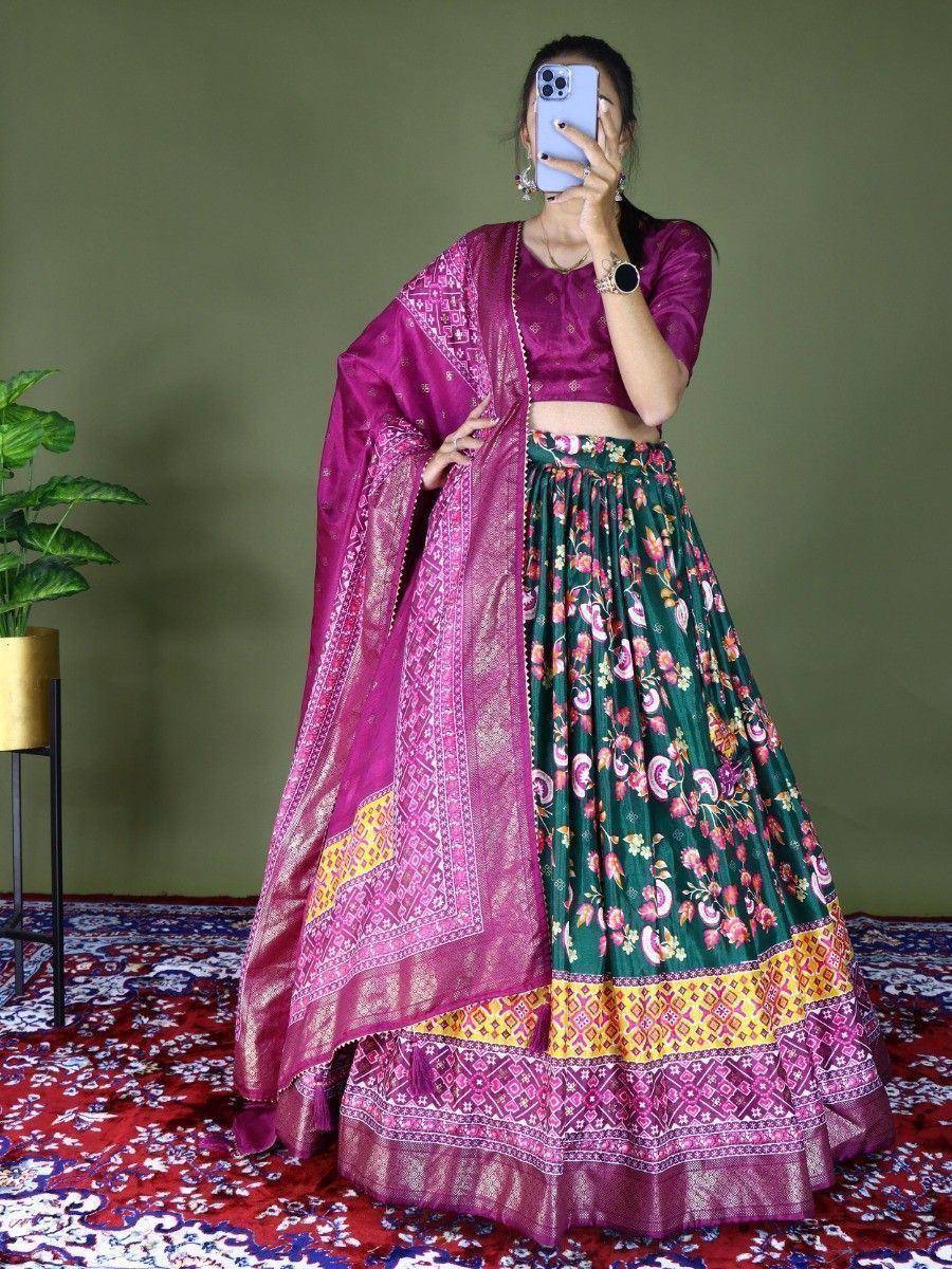 Purple and green floral lehenga choli with embroidered dupatta, Indian ethnic wear for women