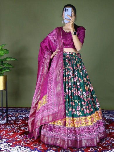 Beautiful Green Floral Printed Dola Silk Traditional Lehenga Choli