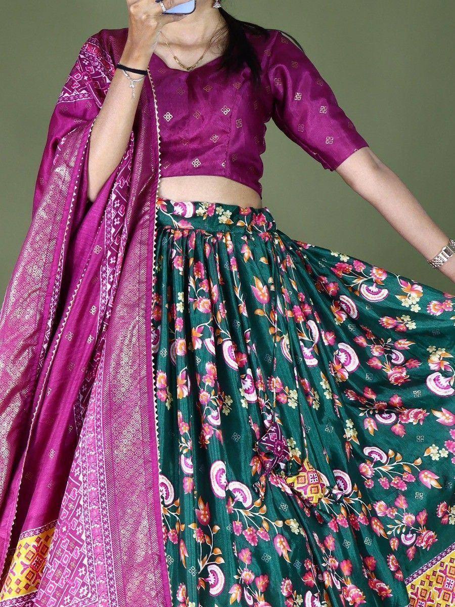 Purple and green floral lehenga choli with printed dupatta, Indian ethnic wear for women