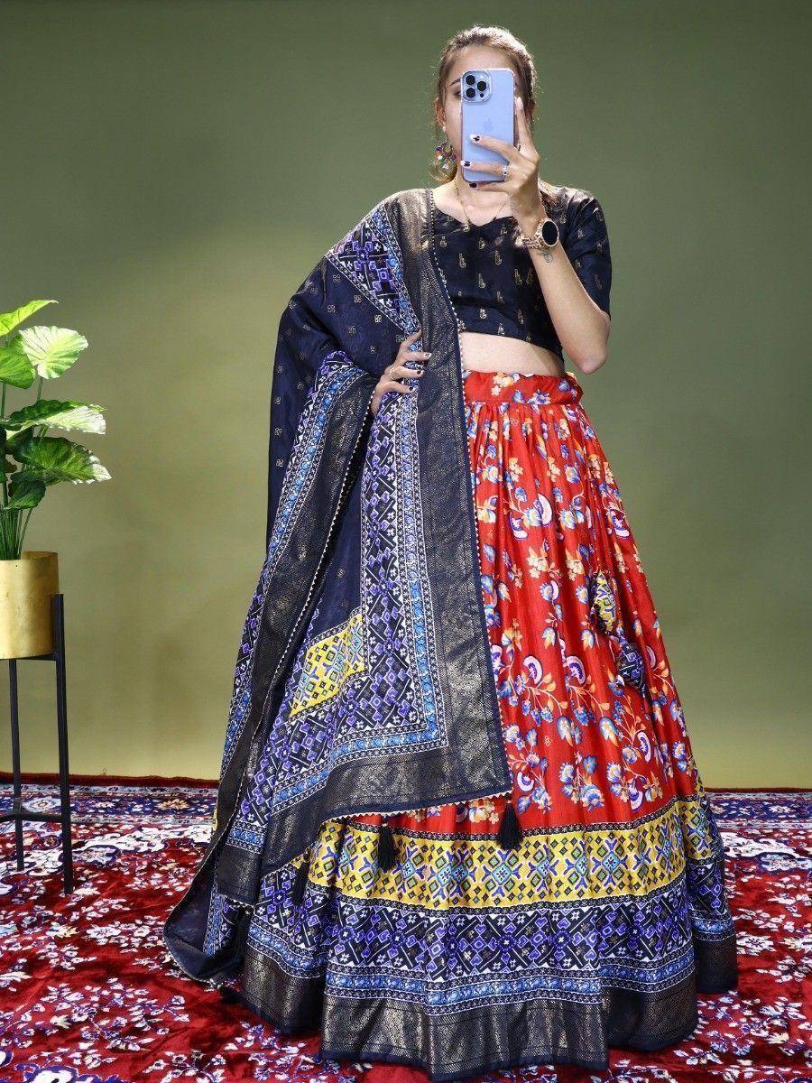 Red floral lehenga with navy blue dupatta, Indian ethnic wear for women