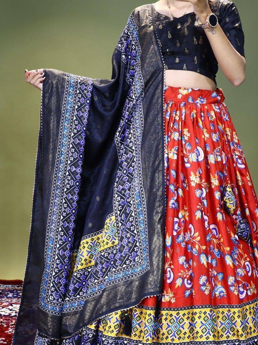 Red floral lehenga with navy blue embroidered dupatta, Indian ethnic wear