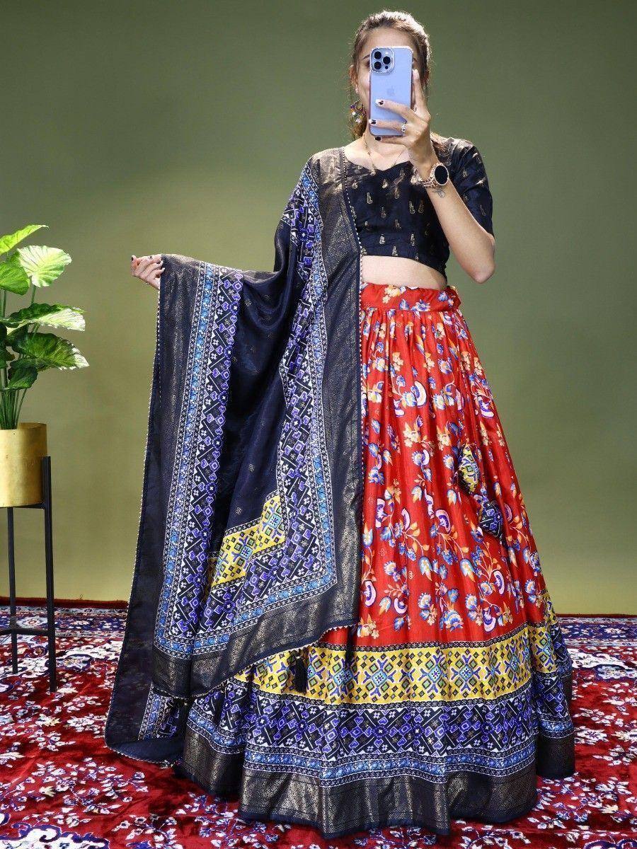 Red floral lehenga choli with black blouse and printed dupatta, ethnic Indian wear