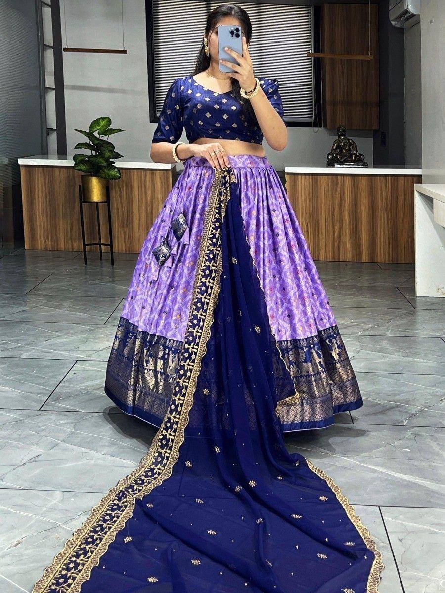 Purple and navy blue lehenga choli with gold embroidery, perfect for Indian ethnic wear occasions