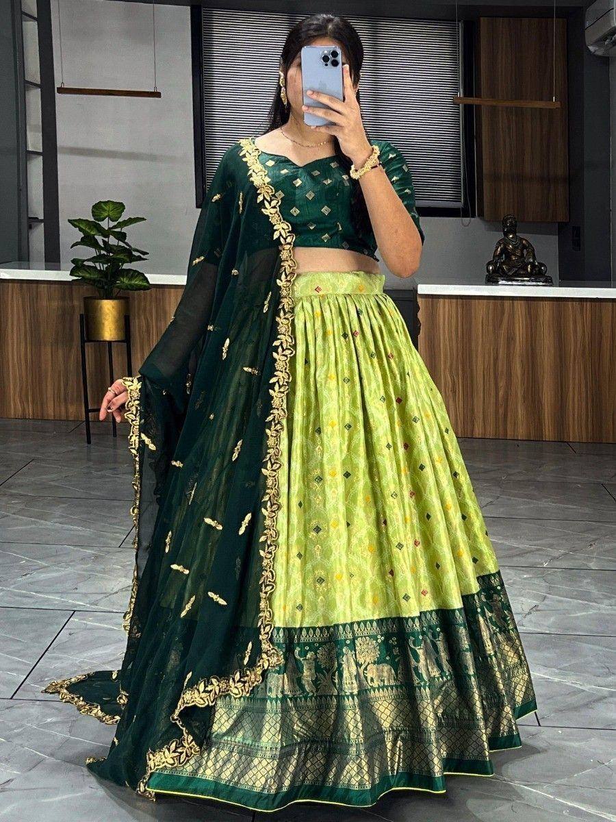 Green and lime lehenga choli with gold embroidery, perfect for Indian ethnic wear occasions