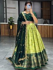 Magnetic Light Green Digital Printed Dola Silk Lehenga Choli With Dupatta