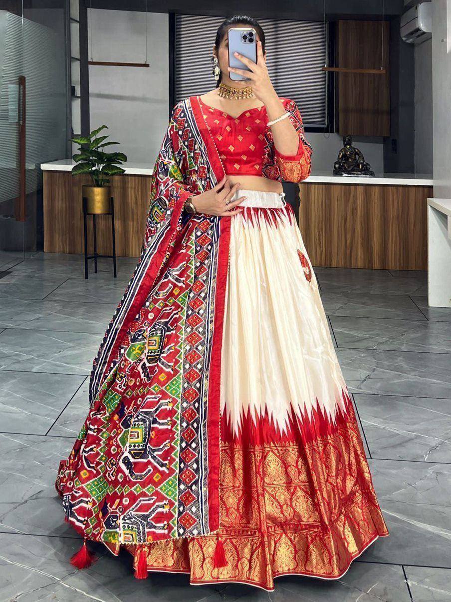 Red and cream designer lehenga choli with colorful printed dupatta, ethnic wear for women