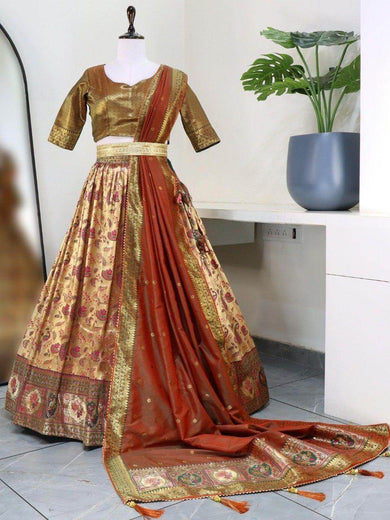 Attractive Beige & Green Zari Weaving Paithani Silk Festival Lehenga Choli