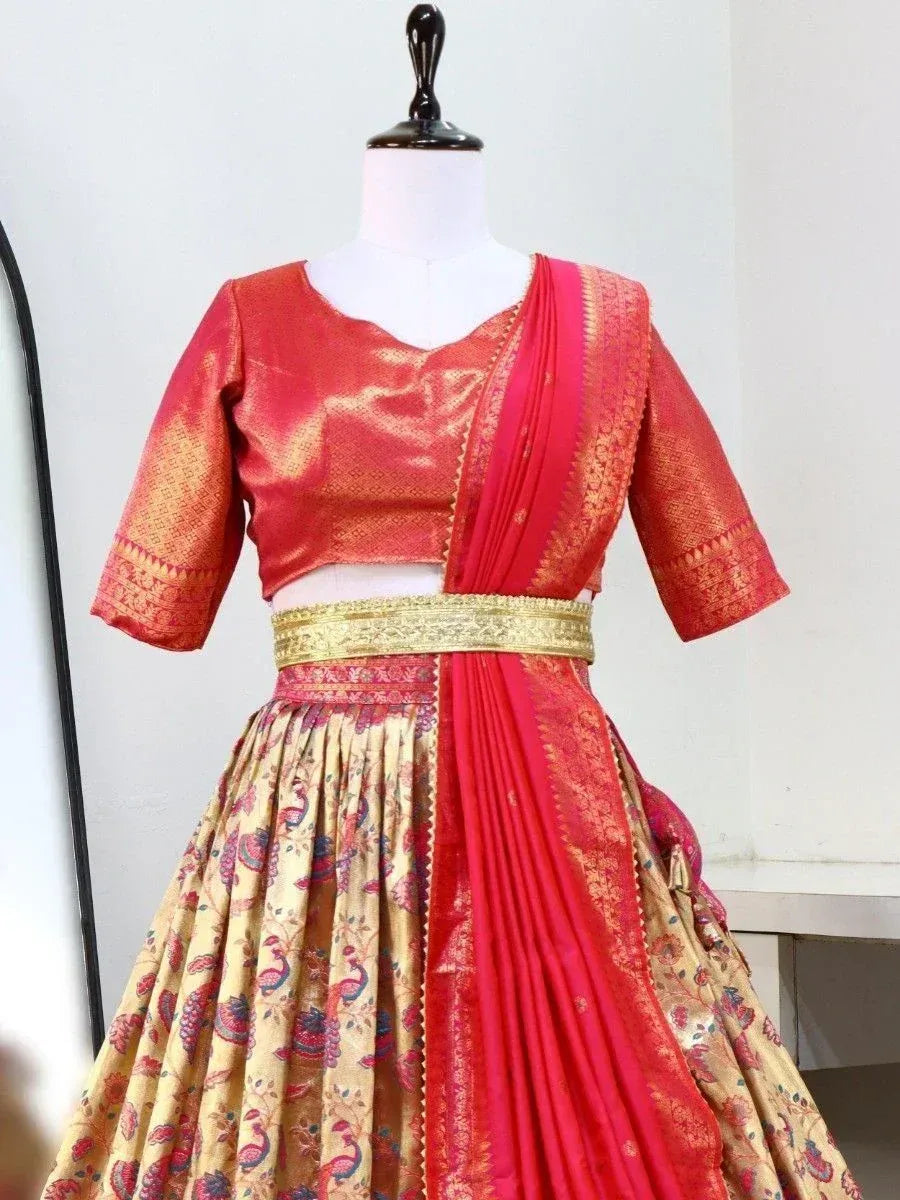 Red and gold designer lehenga choli with peacock print skirt and embroidered blouse