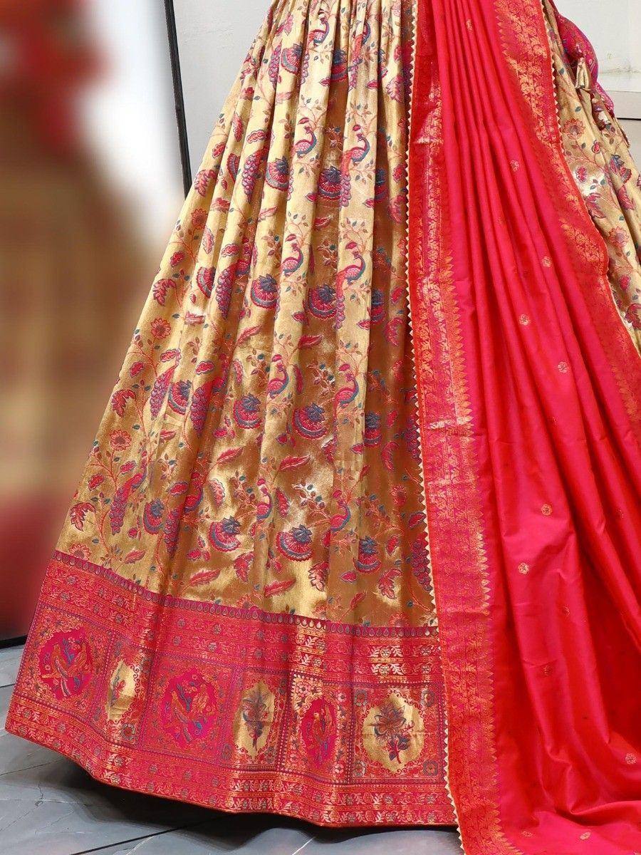 Gold and red designer lehenga with peacock print and embroidered border, ethnic Indian wear