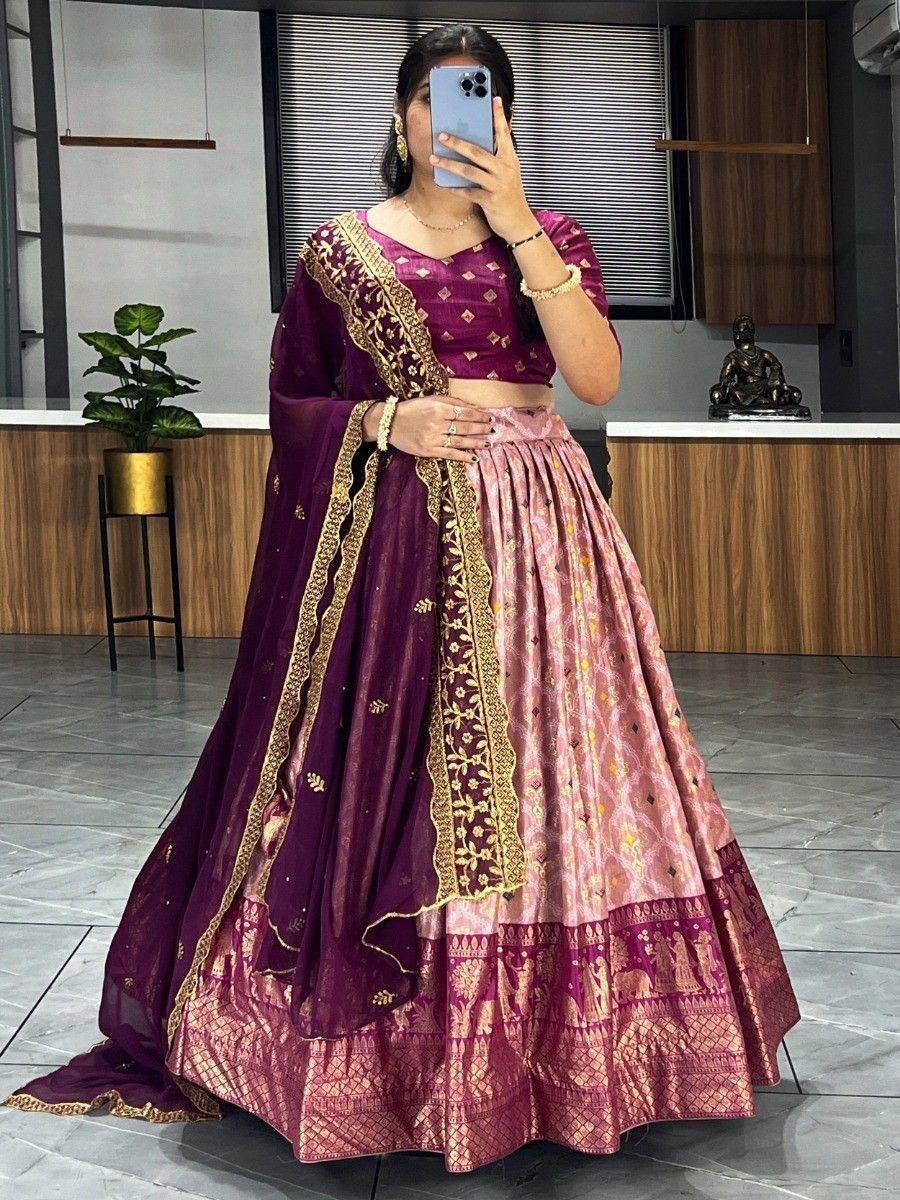 Purple and pink designer lehenga choli with gold embroidery, perfect for Indian ethnic wear occasions