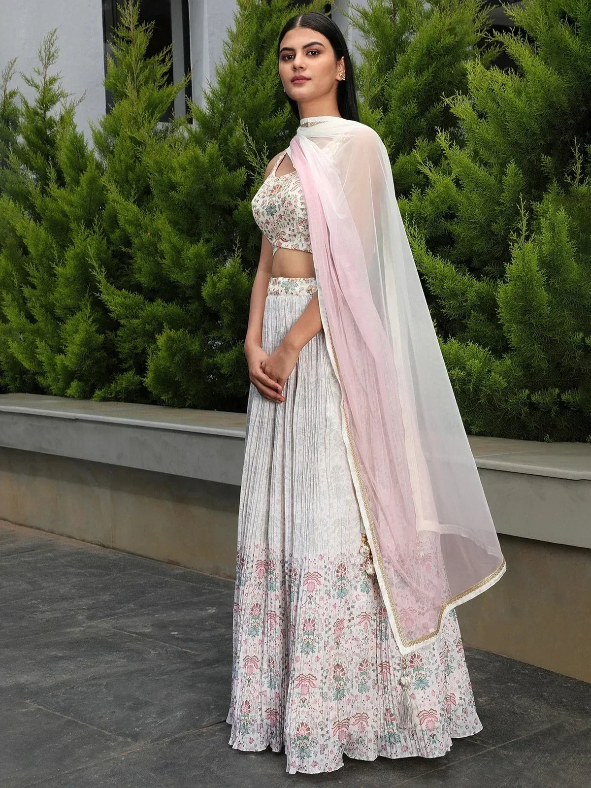 Floral print lehenga choli with pink dupatta, perfect for Indian ethnic wear occasions