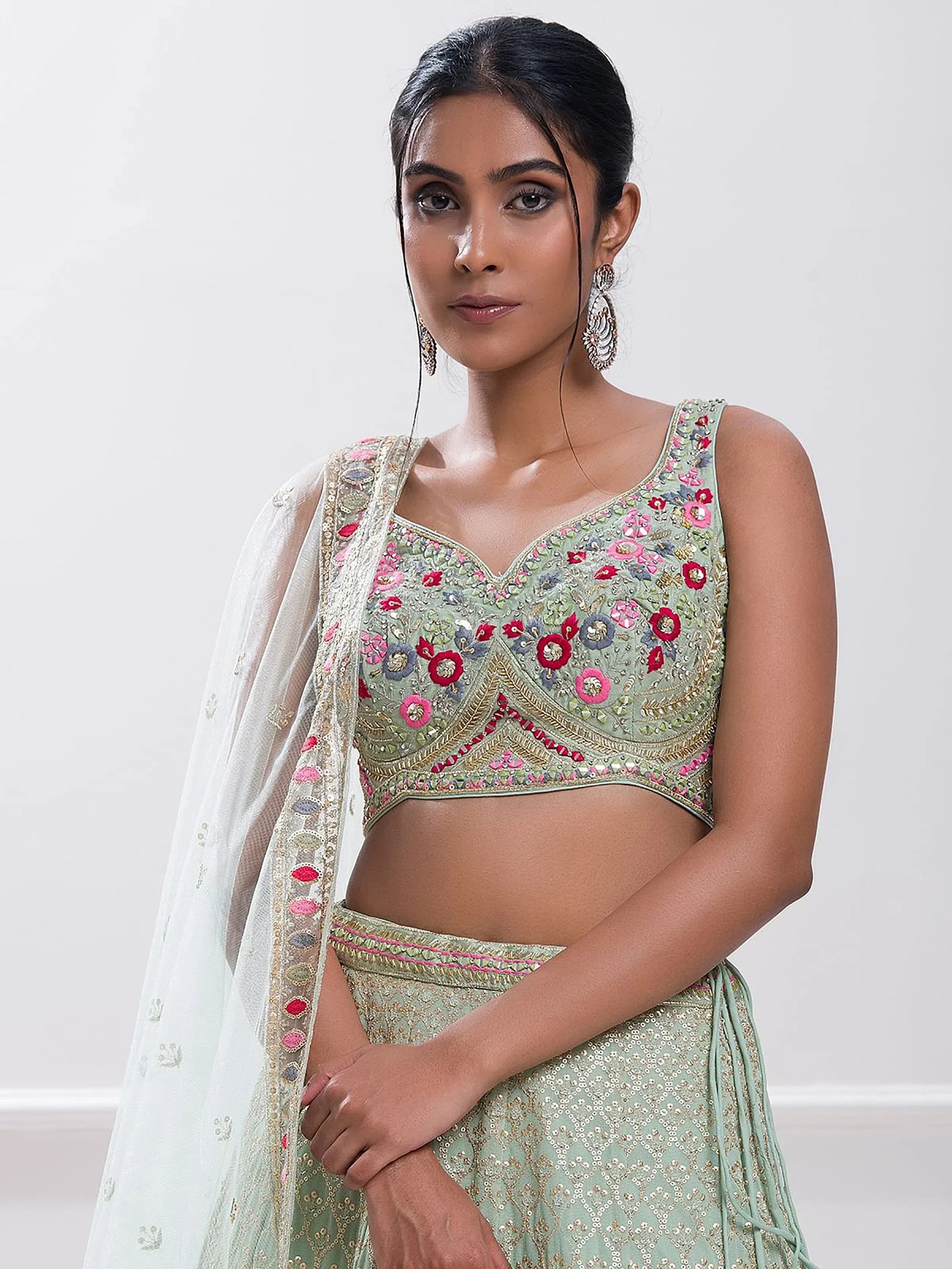 Stunning Pista Green Sequins Georgette Traditional Lehenga Choli