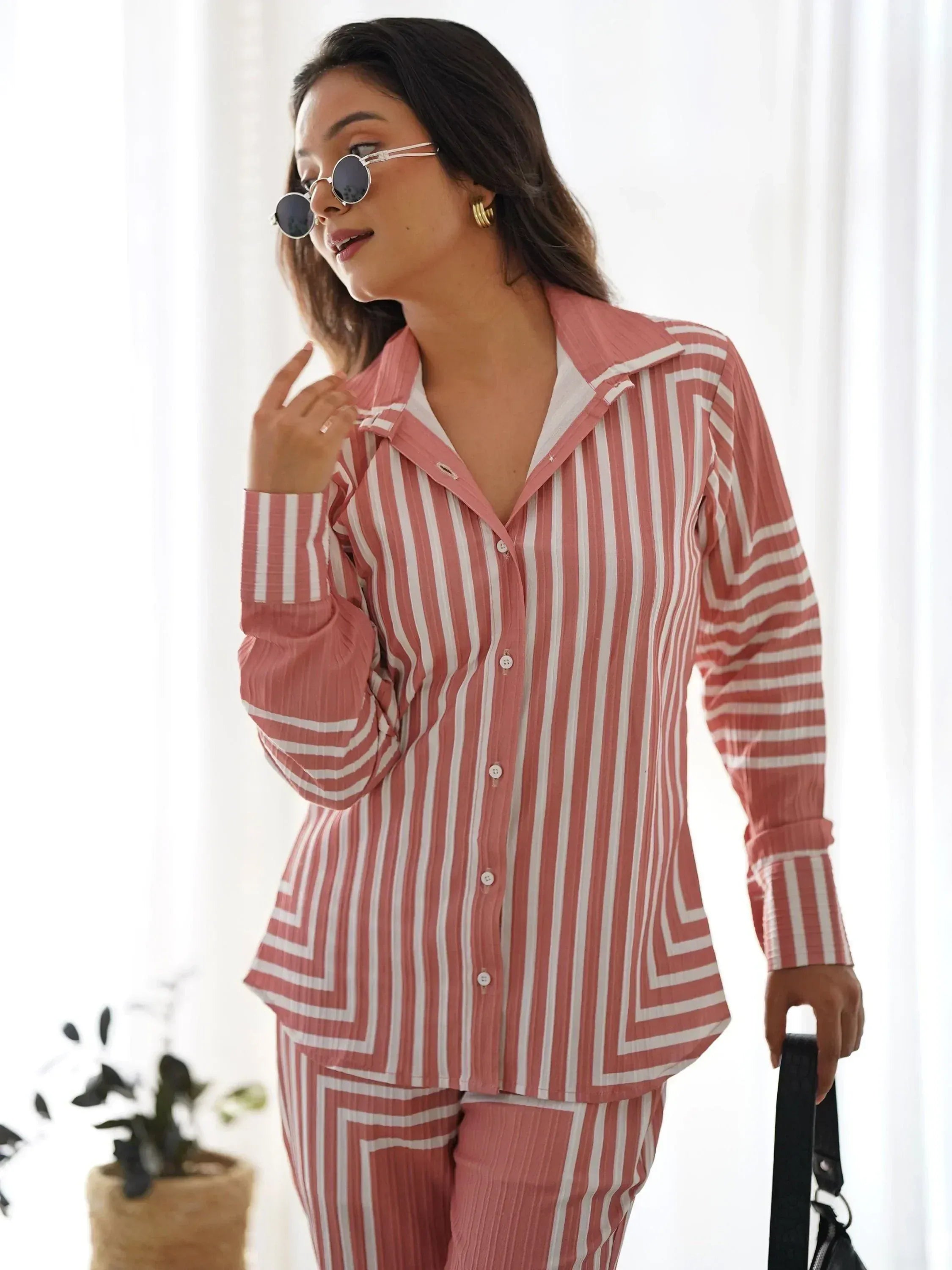 Pink and white striped ethnic shirt and pants set for women