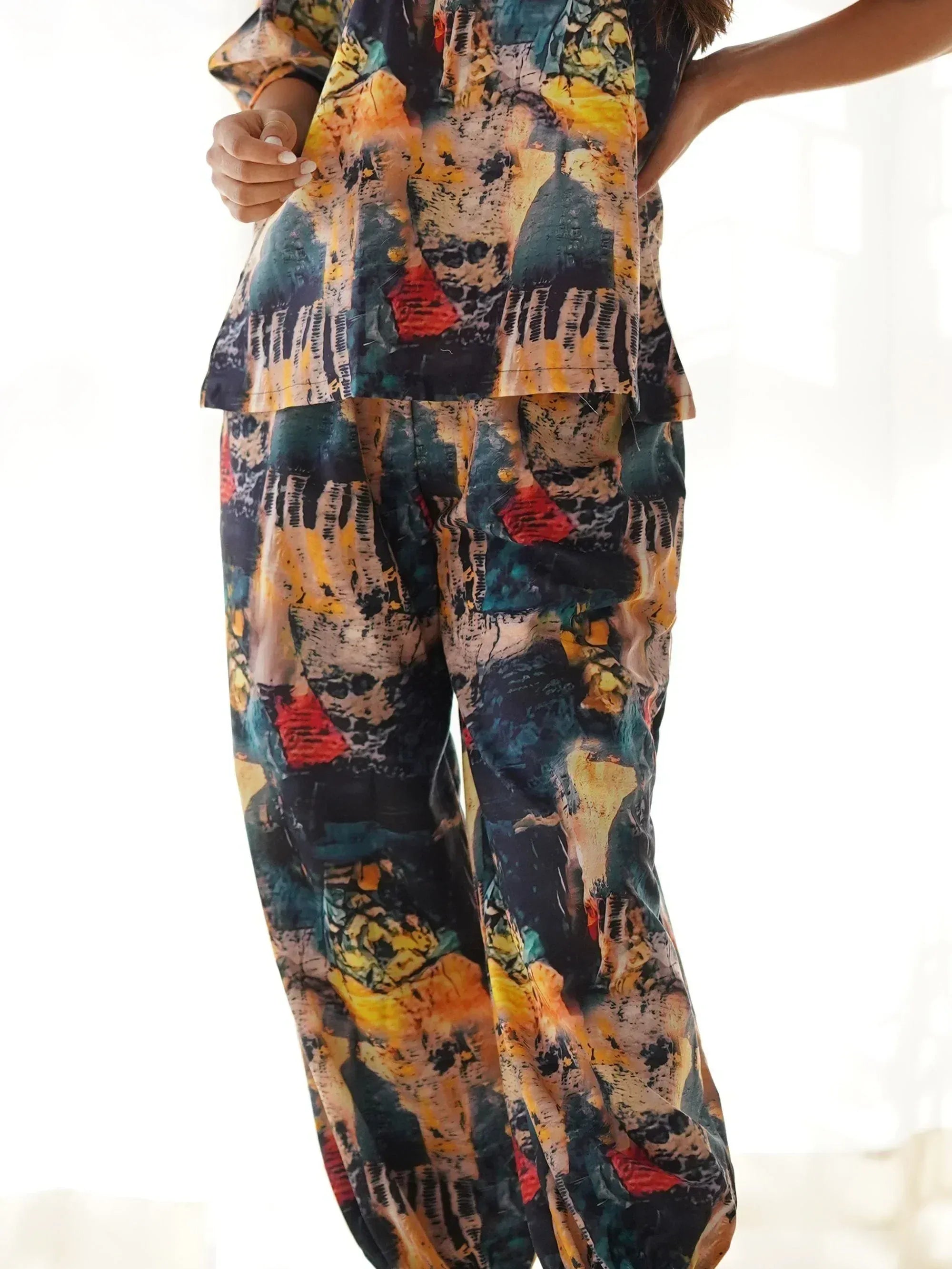 Vibrant abstract print ethnic palazzo pants and top set for women