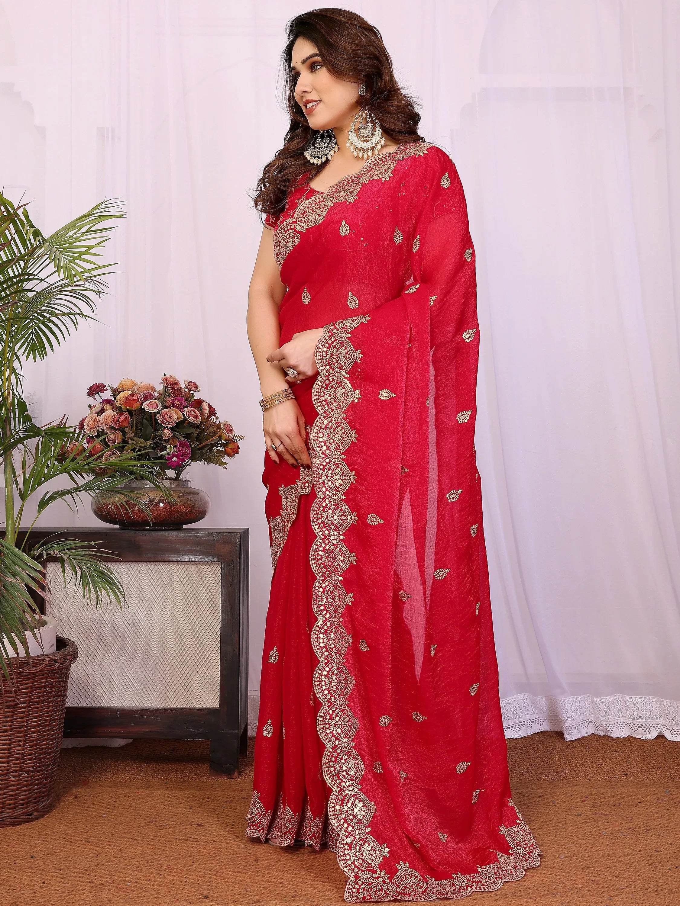 Pretty Red Sequins Chiffon Wedding Wear Saree With Blouse