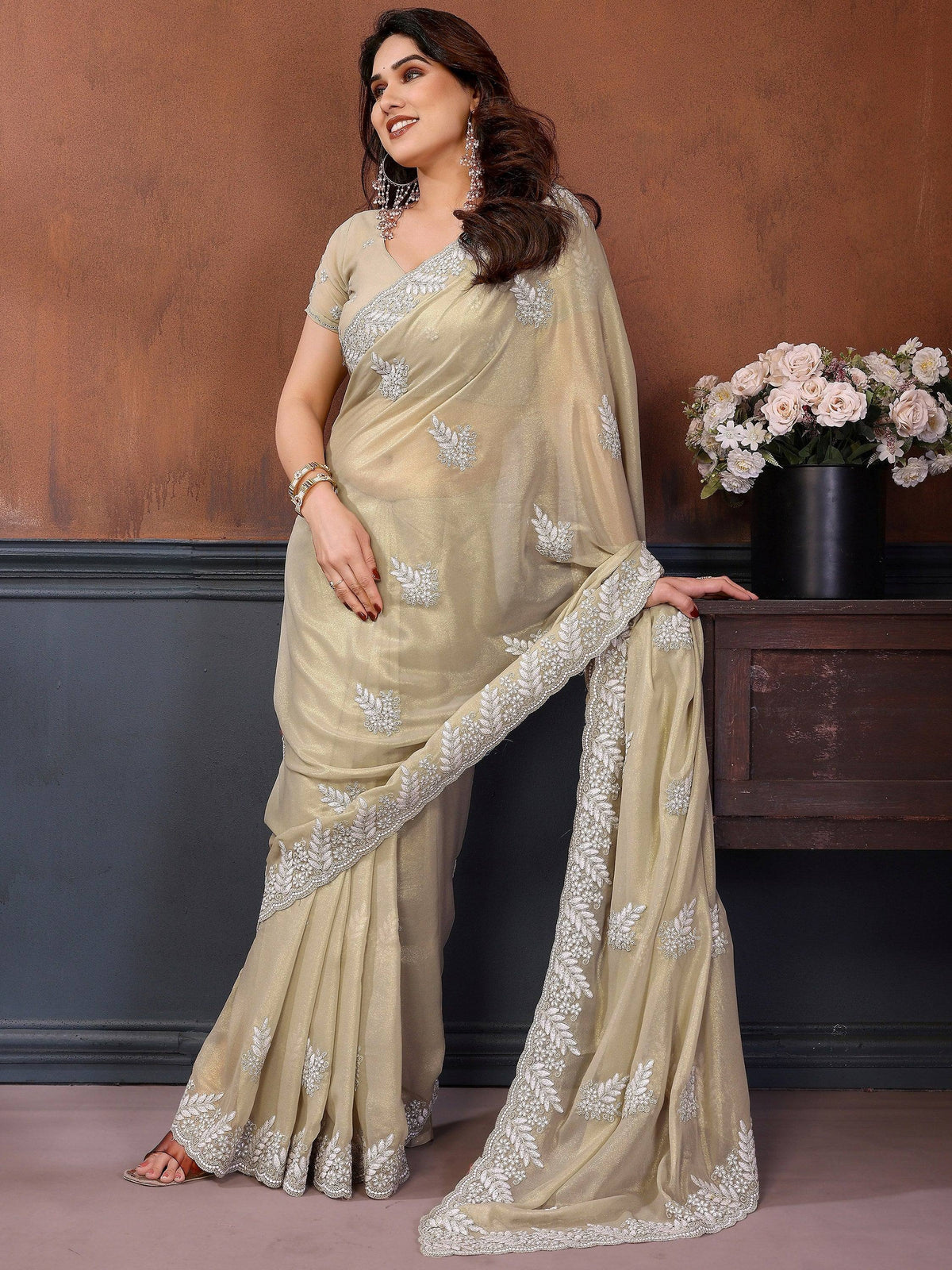 Majestic Ivory Embroidered Georgette Festival Wear Saree With Blouse