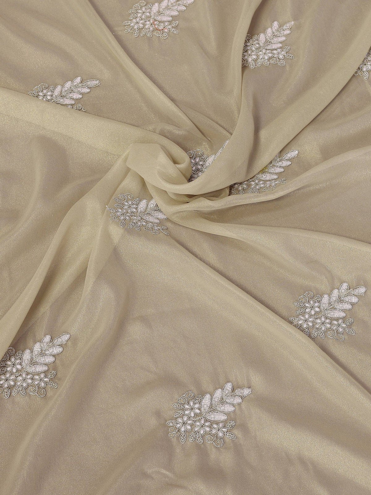 Champagne gold sheer fabric with silver floral embroidery for ethnic wear