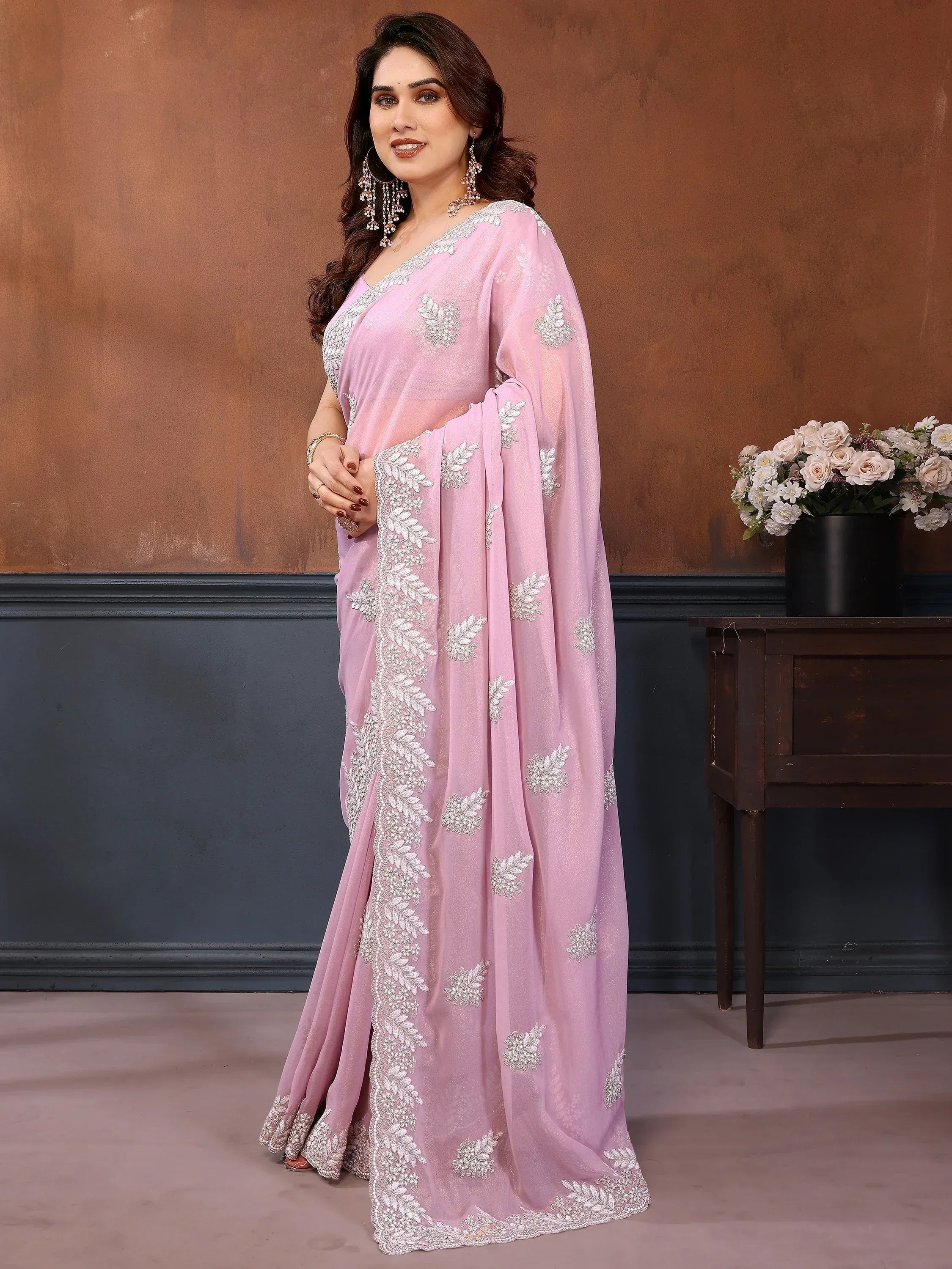 Incredible Baby Pink Embroidered Georgette Party Wear Saree